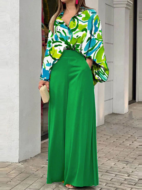 Women's Lapel Long Sleeves Contrast Print Casual Loose Shirt High Waist Solid Color Casual Wide Leg Pants Set