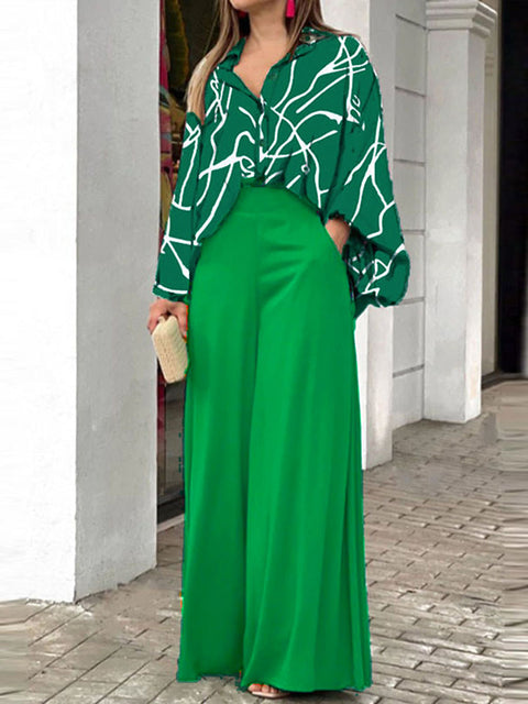 Women's Lapel Long Sleeves Contrast Print Casual Loose Shirt High Waist Solid Color Casual Wide Leg Pants Set