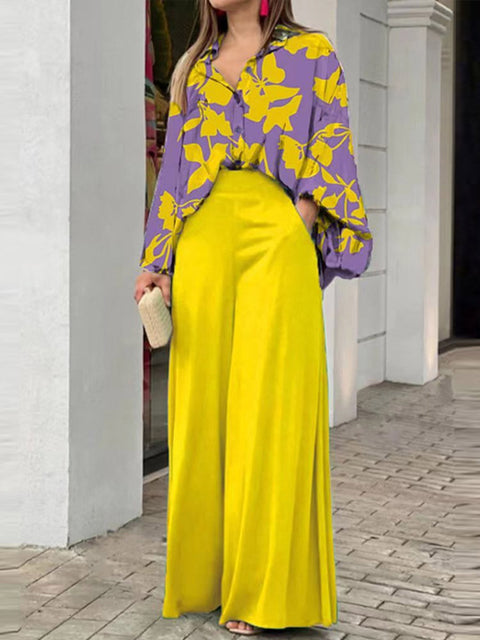 Women's Lapel Long Sleeves Contrast Print Casual Loose Shirt High Waist Solid Color Casual Wide Leg Pants Set