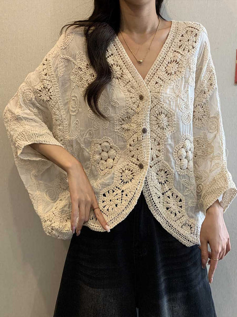 Women's Solid Color V-Neck Long Sleeve Hollow Cotton Embroidery Casual Loose Cardigan Top