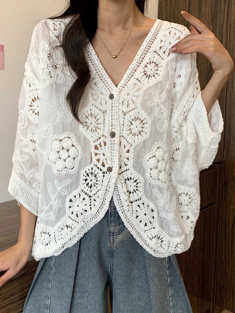 Women's Solid Color V-Neck Long Sleeve Hollow Cotton Embroidery Casual Loose Cardigan Top