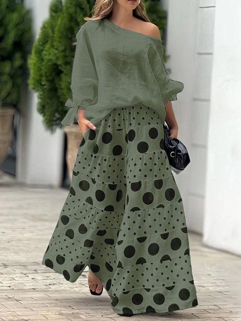 Women's Women Solid Color Round Neck Long Sleeves Casual Loose Tops High Waist Polka Dot Print Casual Loose Wide Leg Pants