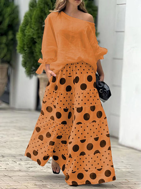 Women's Women Solid Color Round Neck Long Sleeves Casual Loose Tops High Waist Polka Dot Print Casual Loose Wide Leg Pants