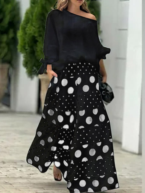 Women's Women Solid Color Round Neck Long Sleeves Casual Loose Tops High Waist Polka Dot Print Casual Loose Wide Leg Pants