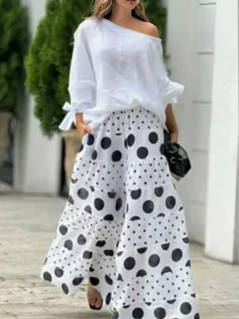 Women's Women Solid Color Round Neck Long Sleeves Casual Loose Tops High Waist Polka Dot Print Casual Loose Wide Leg Pants