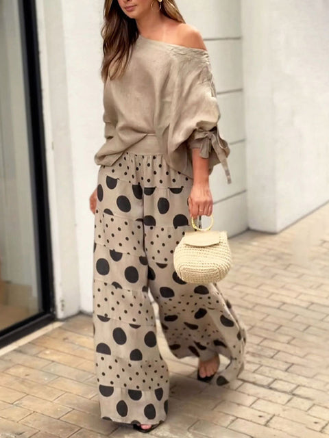 Women's Women Solid Color Round Neck Long Sleeves Casual Loose Tops High Waist Polka Dot Print Casual Loose Wide Leg Pants
