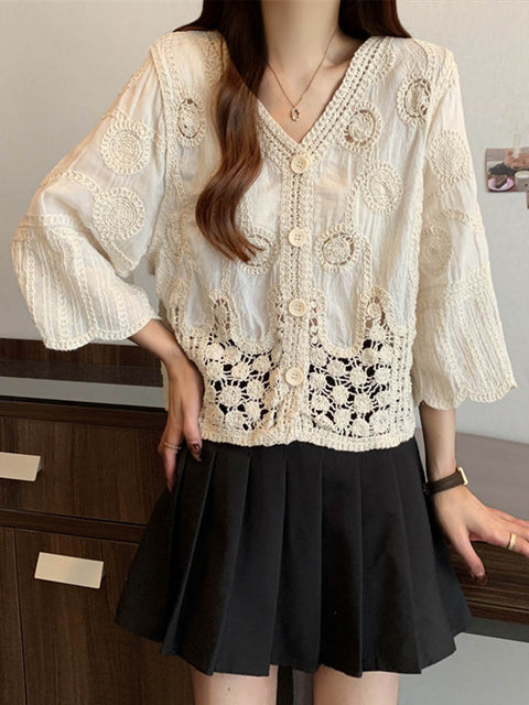 Women's Solid Color V-Neck Long Sleeve Hollow Cotton Embroidery Casual Loose Cardigan Top