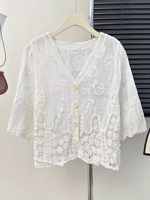 Women's Solid Color V-Neck Long Sleeve Hollow Cotton Embroidery Casual Loose Cardigan Top
