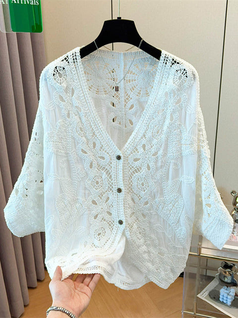 Women's Solid Color V-Neck Long Sleeve Hollow Cotton Embroidery Casual Loose Cardigan Top