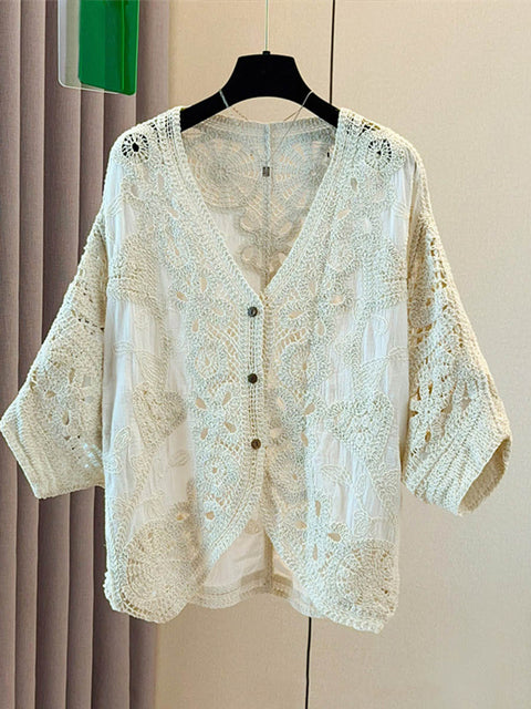 Women's Solid Color V-Neck Long Sleeve Hollow Cotton Embroidery Casual Loose Cardigan Top