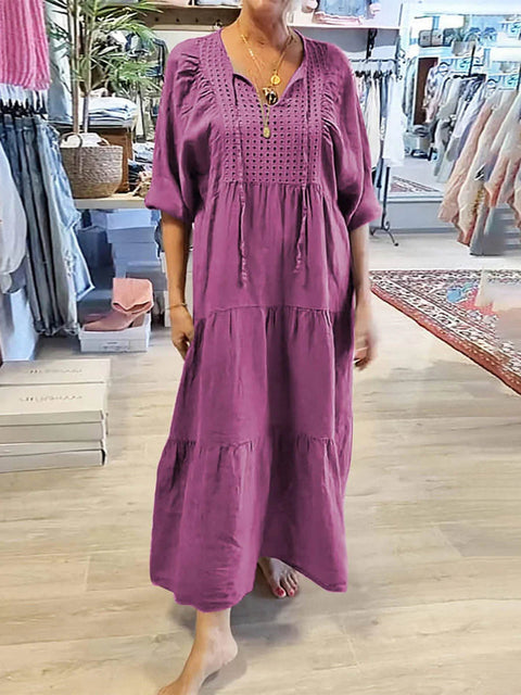Women's Solid Color V-Neck Tie-Up Three-quarter Sleeves Casual Cotton and Linen Dress