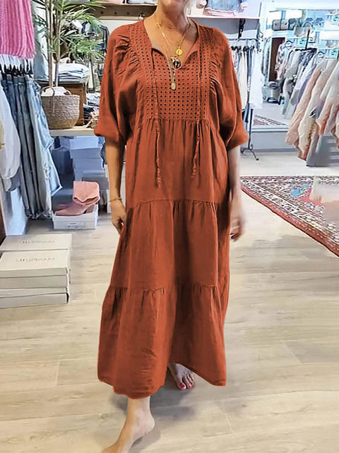 Women's Solid Color V-Neck Tie-Up Three-quarter Sleeves Casual Cotton and Linen Dress