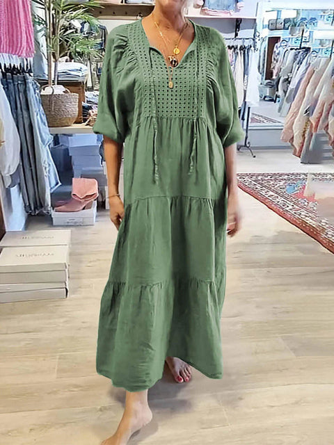 Women's Solid Color V-Neck Tie-Up Three-quarter Sleeves Casual Cotton and Linen Dress