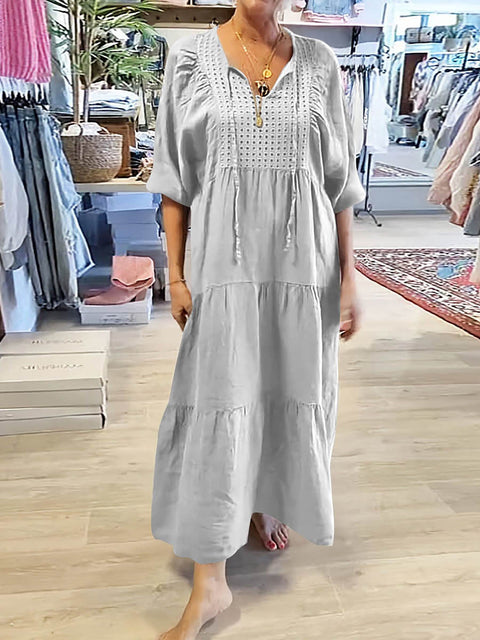 Women's Solid Color V-Neck Tie-Up Three-quarter Sleeves Casual Cotton and Linen Dress