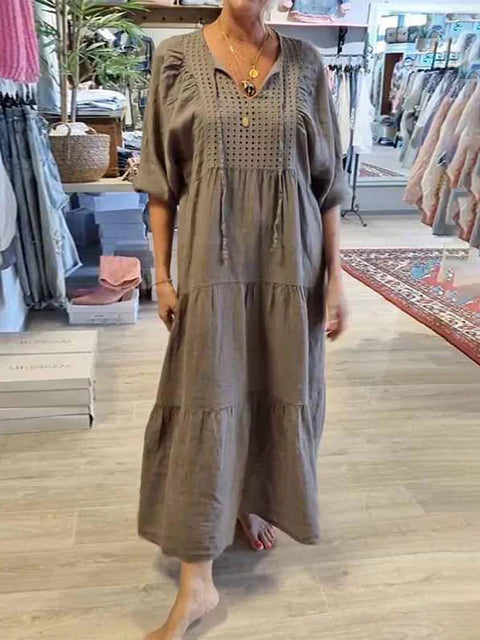 Women's Solid Color V-Neck Tie-Up Three-quarter Sleeves Casual Cotton and Linen Dress