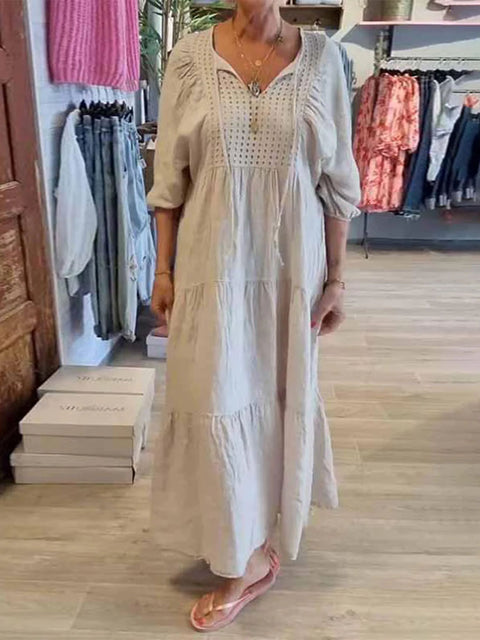 Women's Solid Color V-Neck Tie-Up Three-quarter Sleeves Casual Cotton and Linen Dress