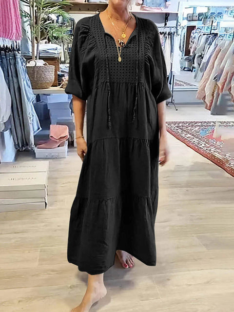 Women's Solid Color V-Neck Tie-Up Three-quarter Sleeves Casual Cotton and Linen Dress