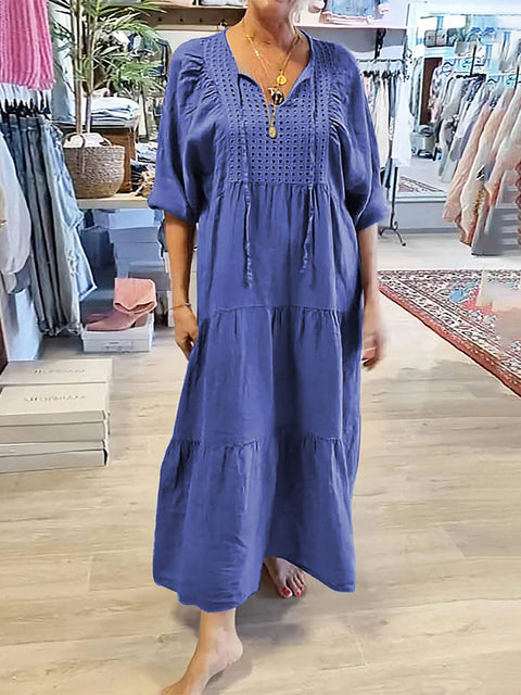 Women's Solid Color V-Neck Tie-Up Three-quarter Sleeves Casual Cotton and Linen Dress