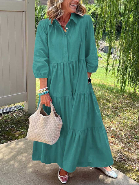 Women's Solid Color Shirt Collar Three-quarter Sleeves Casual Cotton and Linen Dress