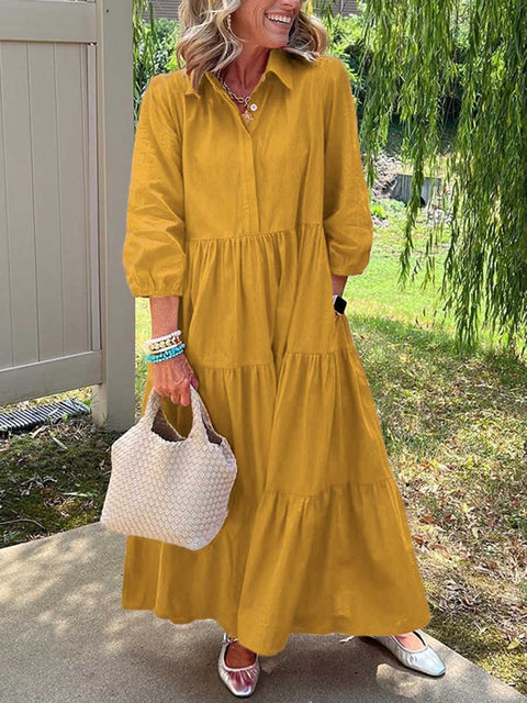 Women's Solid Color Shirt Collar Three-quarter Sleeves Casual Cotton and Linen Dress