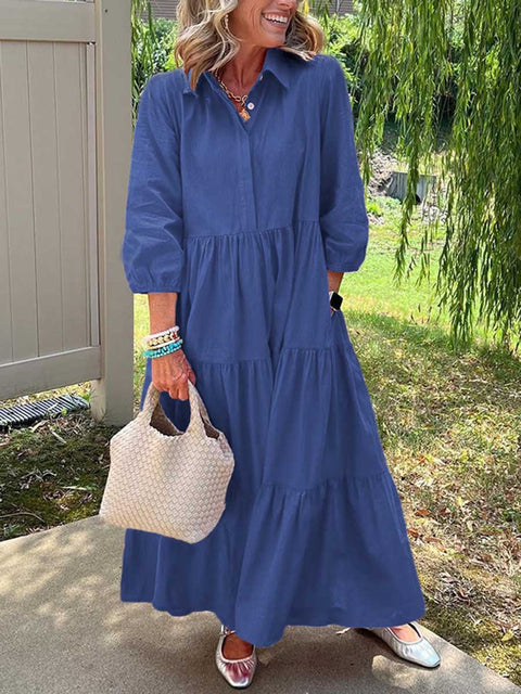 Women's Solid Color Shirt Collar Three-quarter Sleeves Casual Cotton and Linen Dress