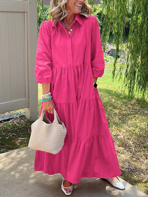 Women's Solid Color Shirt Collar Three-quarter Sleeves Casual Cotton and Linen Dress