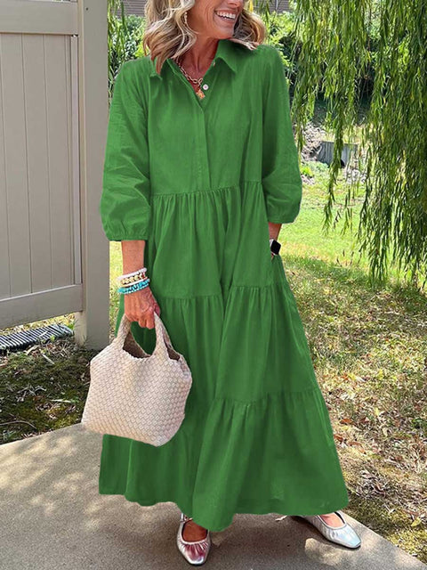 Women's Solid Color Shirt Collar Three-quarter Sleeves Casual Cotton and Linen Dress