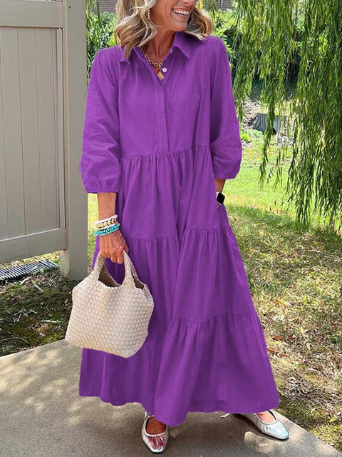 Women's Solid Color Shirt Collar Three-quarter Sleeves Casual Cotton and Linen Dress