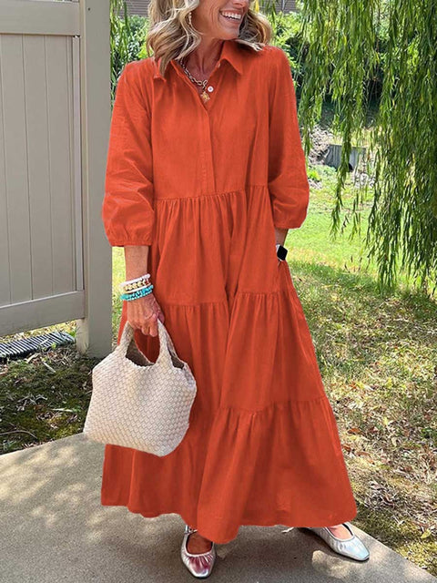 Women's Solid Color Shirt Collar Three-quarter Sleeves Casual Cotton and Linen Dress