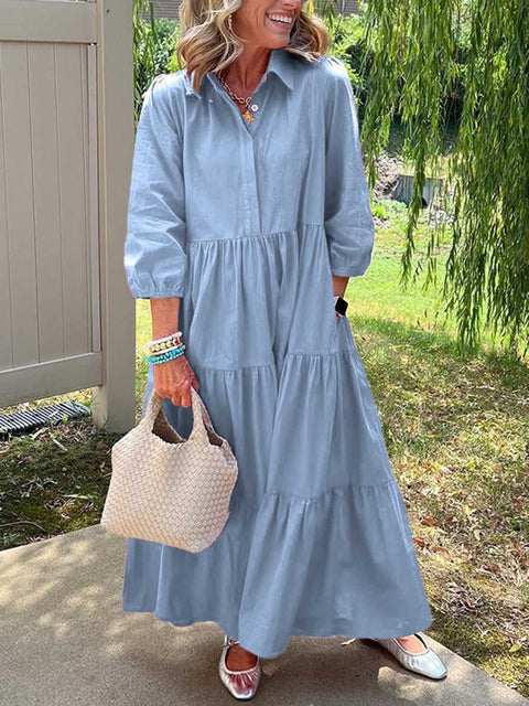 Women's Solid Color Shirt Collar Three-quarter Sleeves Casual Cotton and Linen Dress