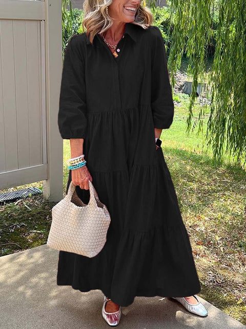 Women's Solid Color Shirt Collar Three-quarter Sleeves Casual Cotton and Linen Dress