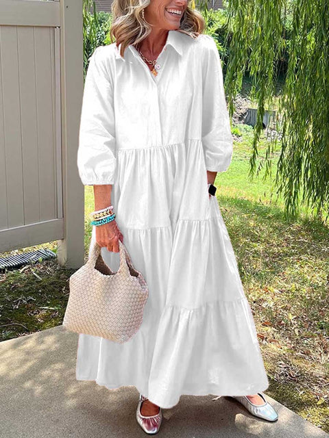 Women's Solid Color Shirt Collar Three-quarter Sleeves Casual Cotton and Linen Dress