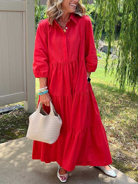 Women's Solid Color Shirt Collar Three-quarter Sleeves Casual Cotton and Linen Dress