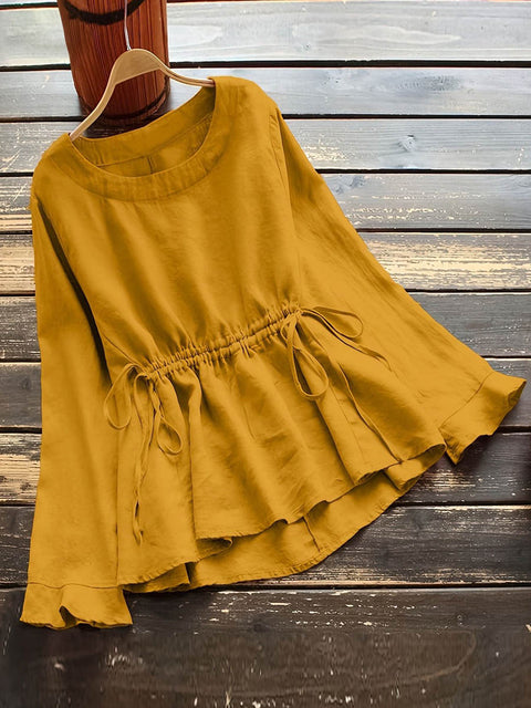 Women's Solid Color Crew Neck Long Sleeve Drawstring Casual Cotton Top