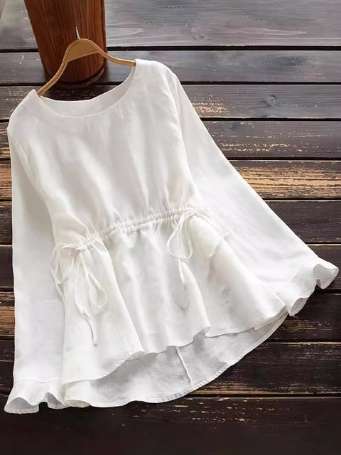 Women's Solid Color Crew Neck Long Sleeve Drawstring Casual Cotton Top