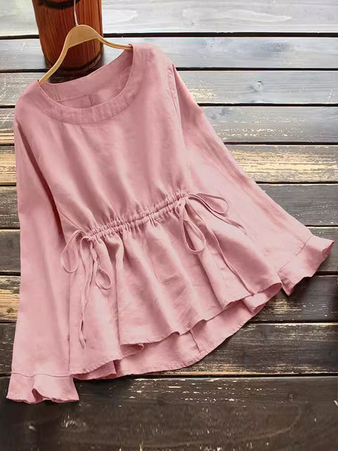 Women's Solid Color Crew Neck Long Sleeve Drawstring Casual Cotton Top