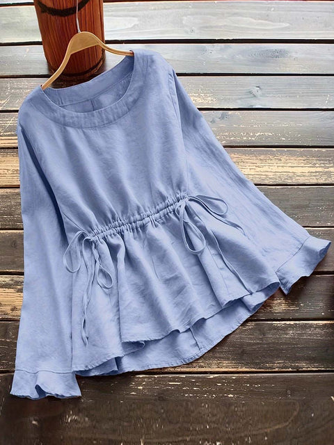 Women's Solid Color Crew Neck Long Sleeve Drawstring Casual Cotton Top