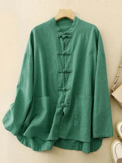 Women's Solid Color Stand Collar Long Sleeve Single Breasted Casual Cotton Top
