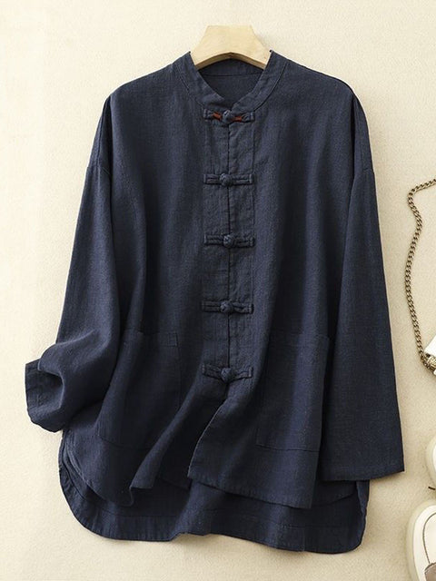 Women's Solid Color Stand Collar Long Sleeve Single Breasted Casual Cotton Top