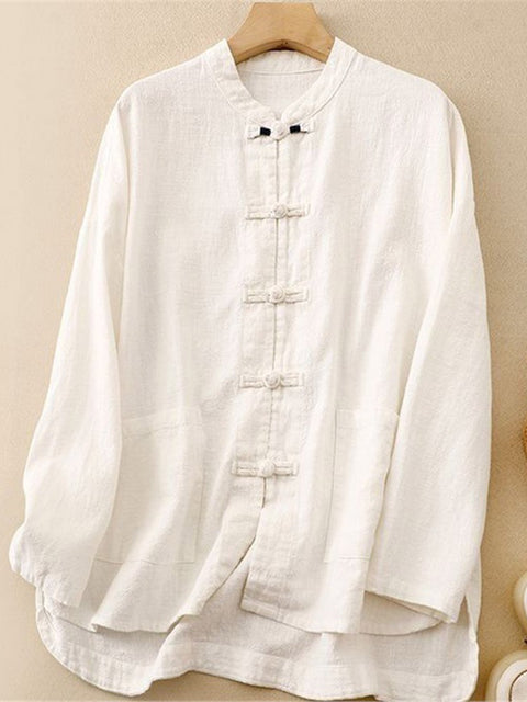 Women's Solid Color Stand Collar Long Sleeve Single Breasted Casual Cotton Top