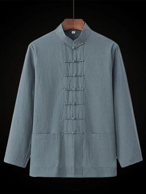 Women's Solid Color Stand Collar Long Sleeve Single Breasted Casual Cotton Top