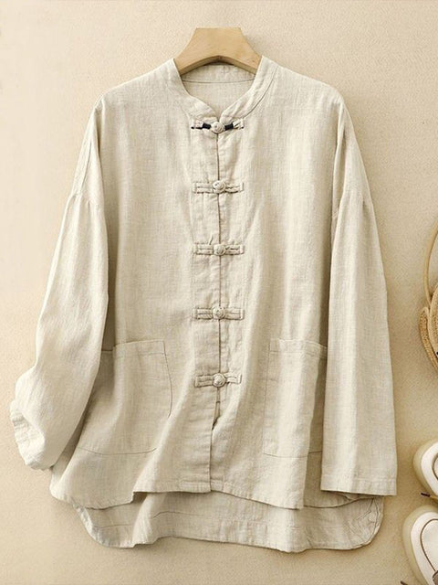 Women's Solid Color Stand Collar Long Sleeve Single Breasted Casual Cotton Top