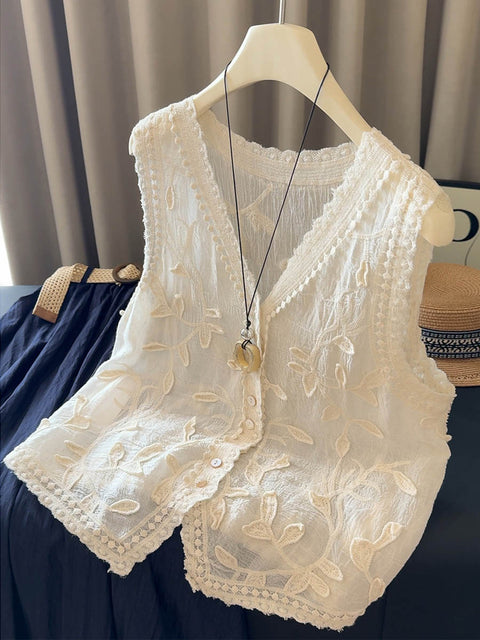 Women's Solid Color V-Neck Sleeveless Single-Breasted Casual Cotton Embroidered Vest Top