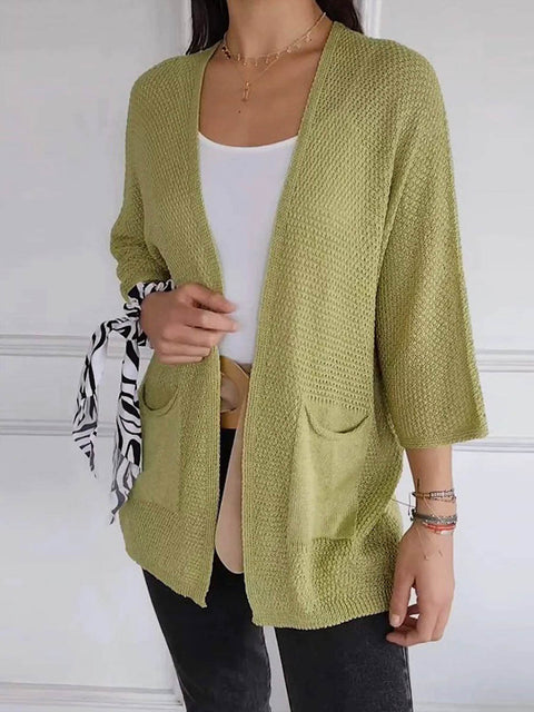 Women's Solid Color 3/4 Sleeve Casual Cardigan Knit Top