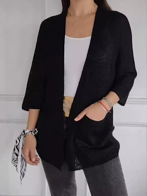 Women's Solid Color 3/4 Sleeve Casual Cardigan Knit Top
