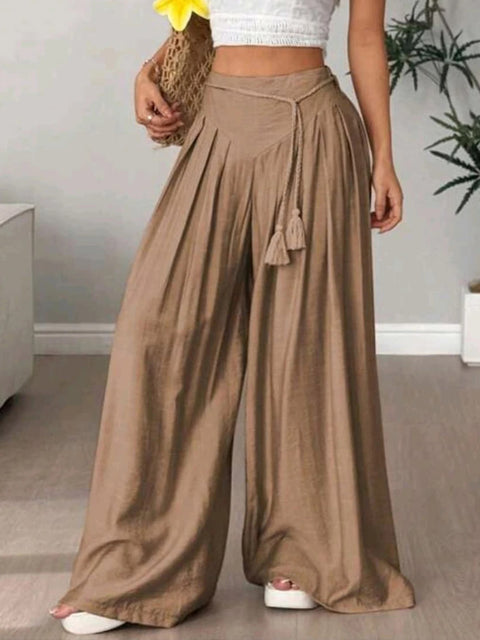 Women's High-Waisted Solid Color Lace-Up Casual Cotton and Linen Wide-Leg Pants