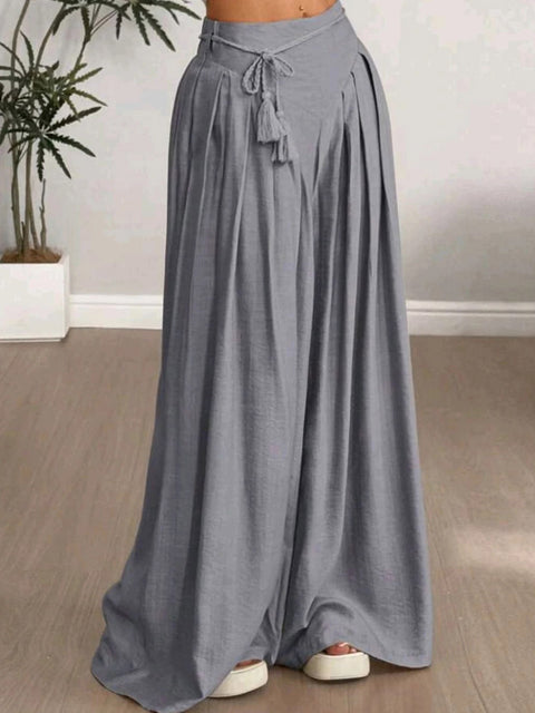 Women's High-Waisted Solid Color Lace-Up Casual Cotton and Linen Wide-Leg Pants
