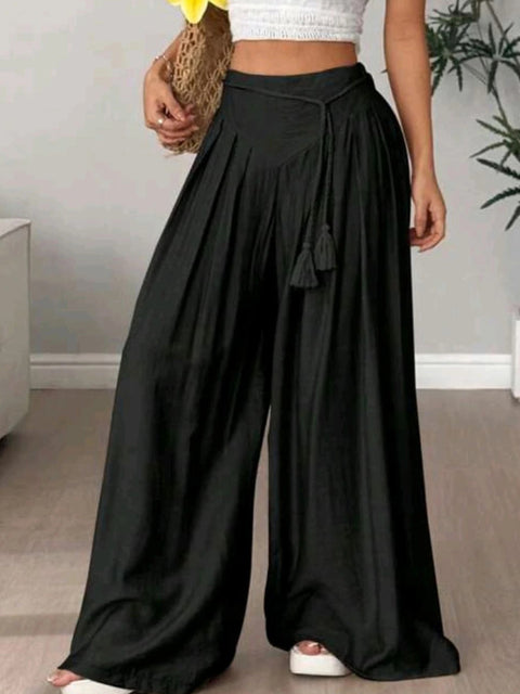 Women's High-Waisted Solid Color Lace-Up Casual Cotton and Linen Wide-Leg Pants