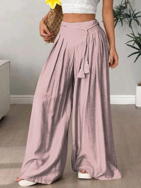 Women's High-Waisted Solid Color Lace-Up Casual Cotton and Linen Wide-Leg Pants