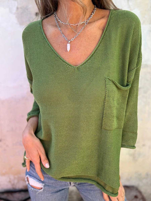 Women's Solid Color V-Neck 3/4 Sleeve Casual Loose Knit Top